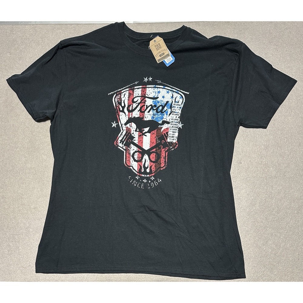 Ford Mustang T Shirt Tee Luv 2XL Black USA Flag Skull Logo Graphic Since 1964 NW